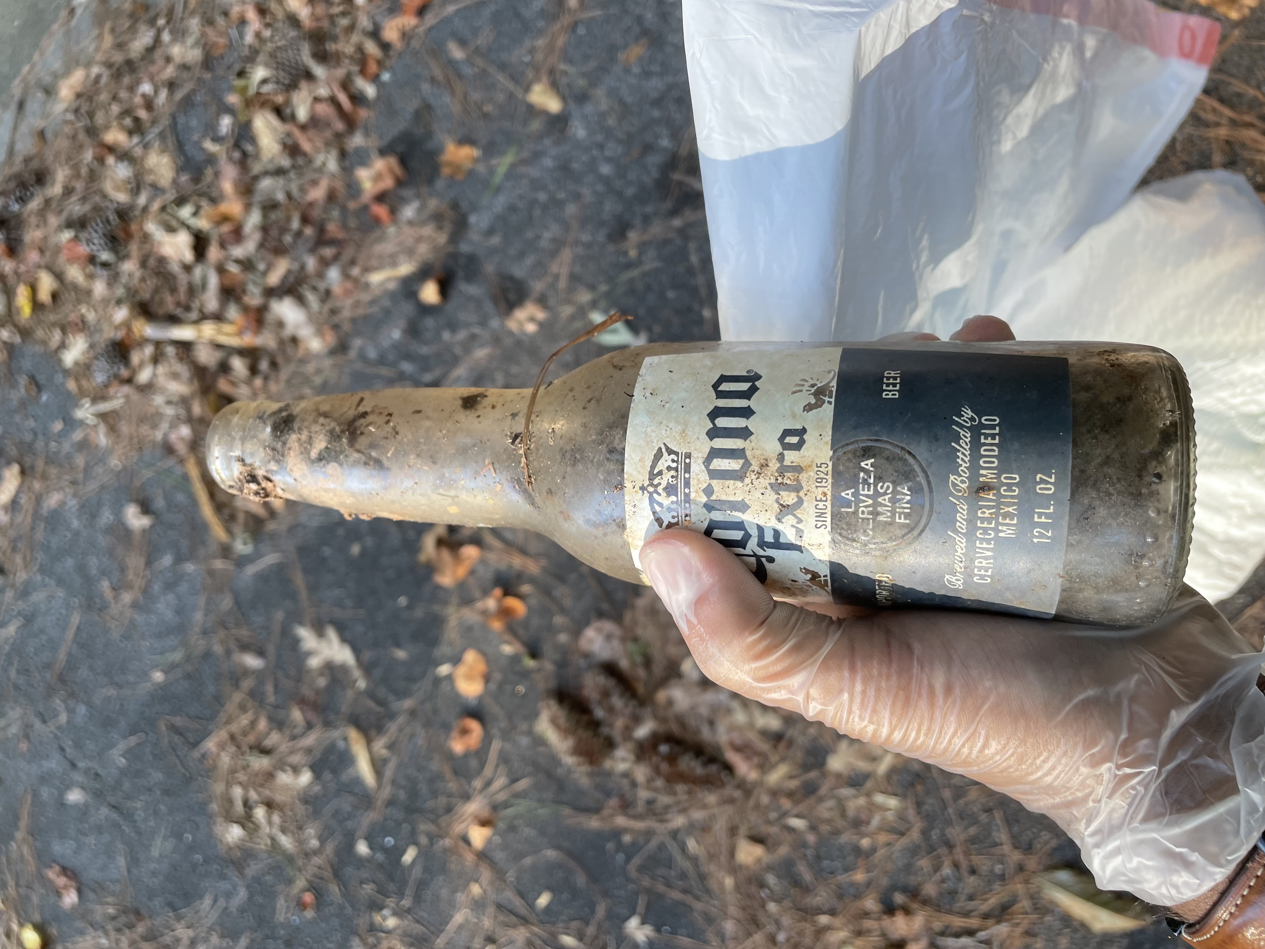 An image of a very dirty Corona bottle - some of the writing is in Spanish, and the bottle indicates that it is a Mexican brew.